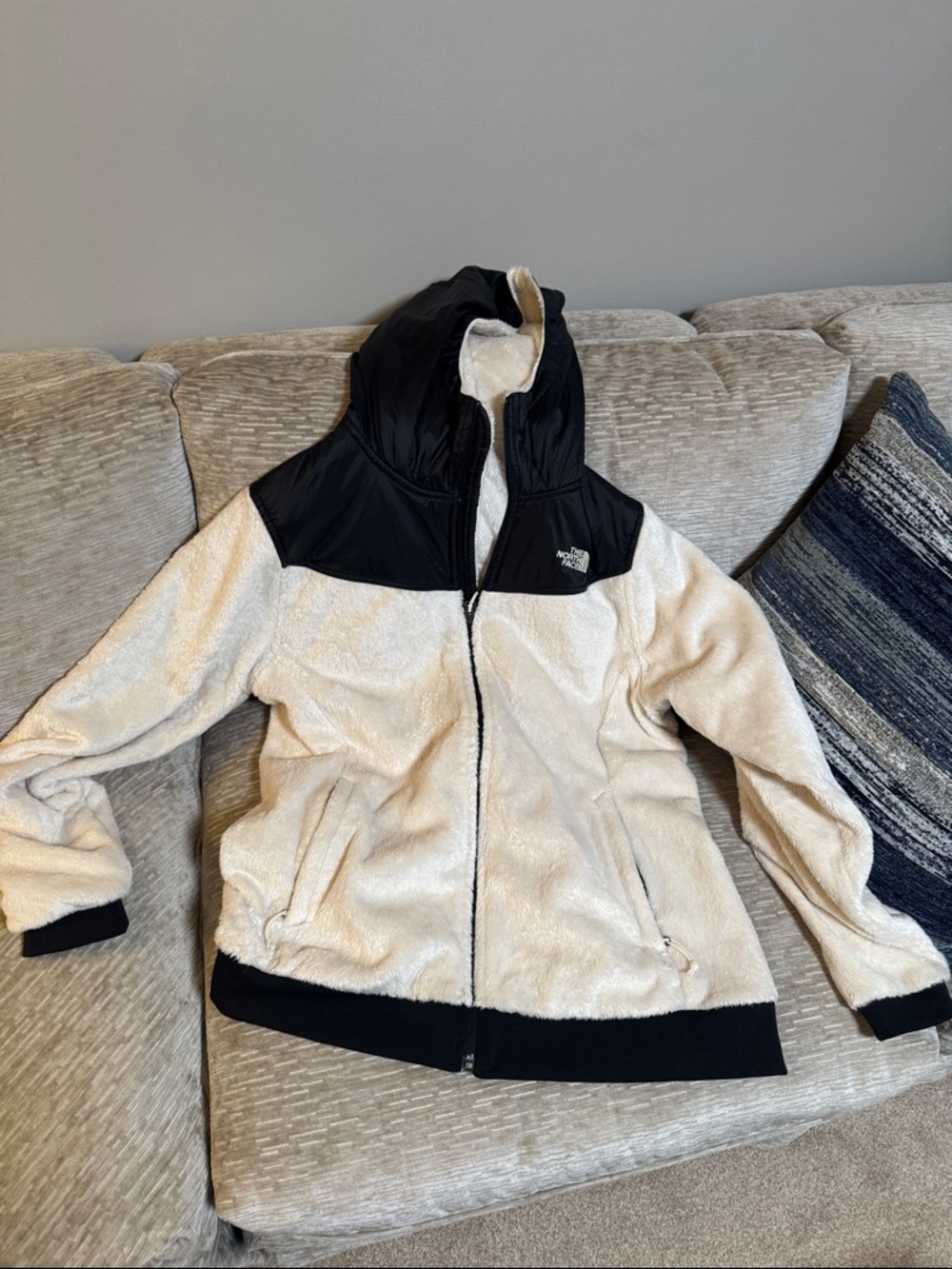 The North Face Cream and Black Hooded Sherpa Jacket